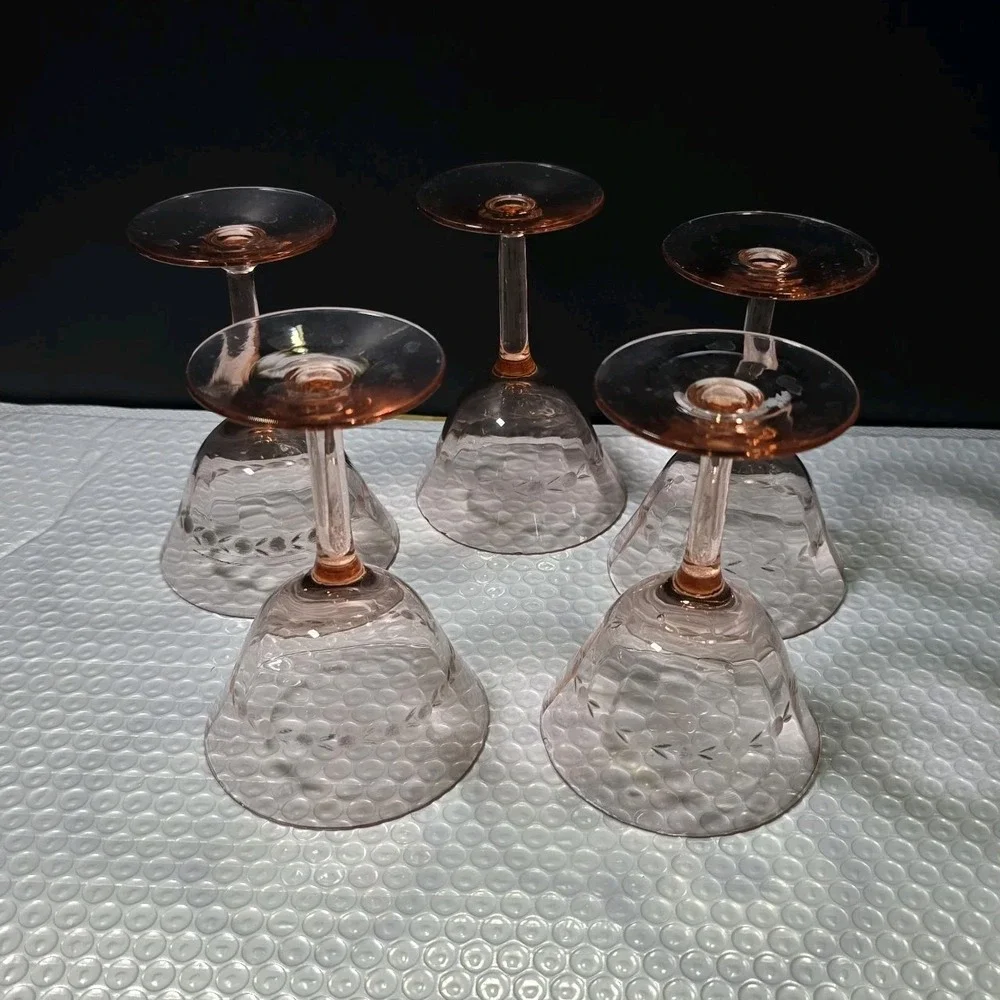 Vintage Pink Depression Glass Champagne Coupes Set Of 5 Etched Design